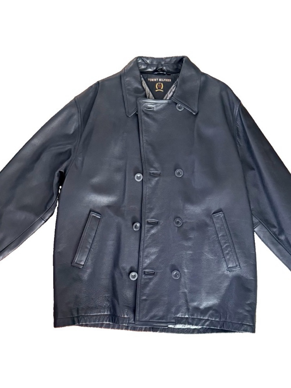 Tommy Hilfiger Genuine Leather Double Breasted Coat Black Size Medium